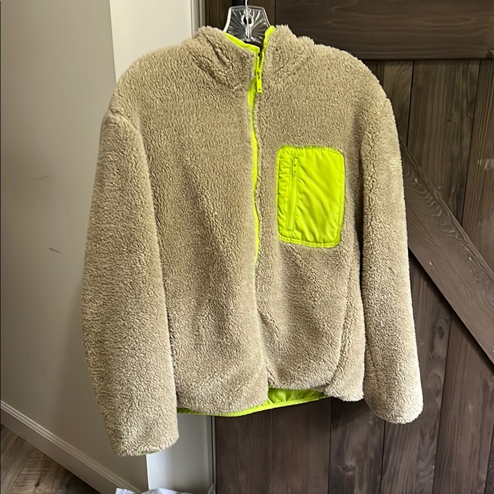 Cute Tan and Neon Fleece Jacket, size Small (Urban Outfitters)